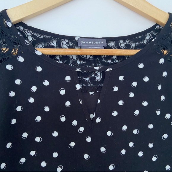 VAN HEUSEN BLACK AND WHITE POLKA DOT BLOUSE WITH PEEKABOO VNECK AND LACE YOKE, L - Picture 9 of 11